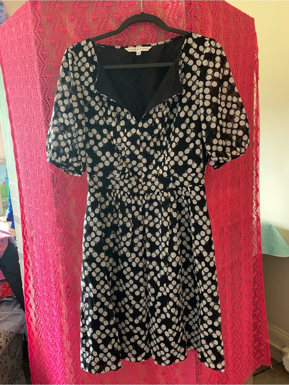 Trina Turk Black and White Polka Dot Midi Dress with Puff Sleeves